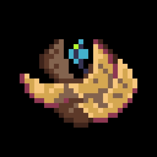 a logo for the game Dispossessed depicting a blossom-shaped confection carved from apple slices