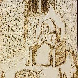 woodburning art of a mysterious figure in a throne