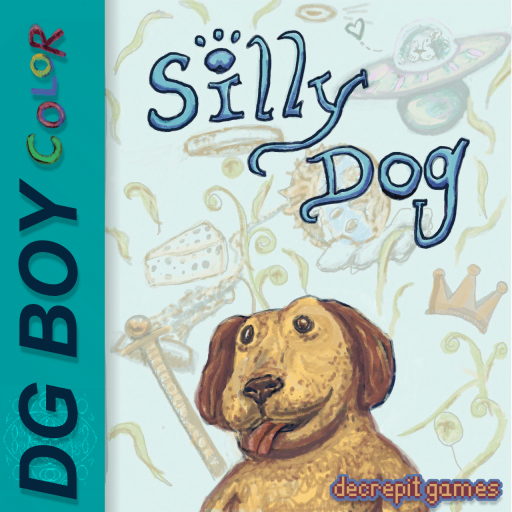 box art for the Game Boy Color game Silly Dog depicting a dog with his tongue sticking out in front of a background of fantasy elements